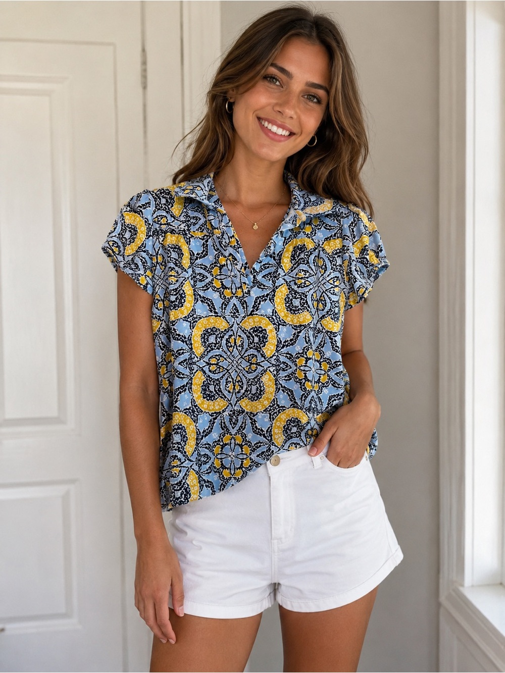 Caribbean Joe Blue and Yellow Medallion V-Neck Short Sleeve Top